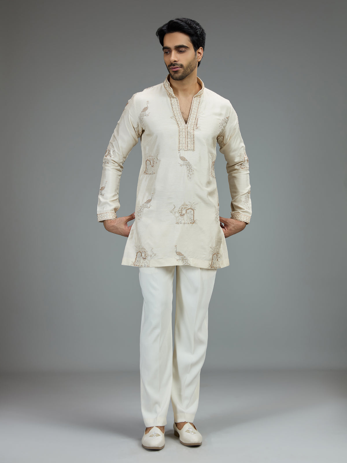 Cream stylish mens kurta pajama with zardosi work