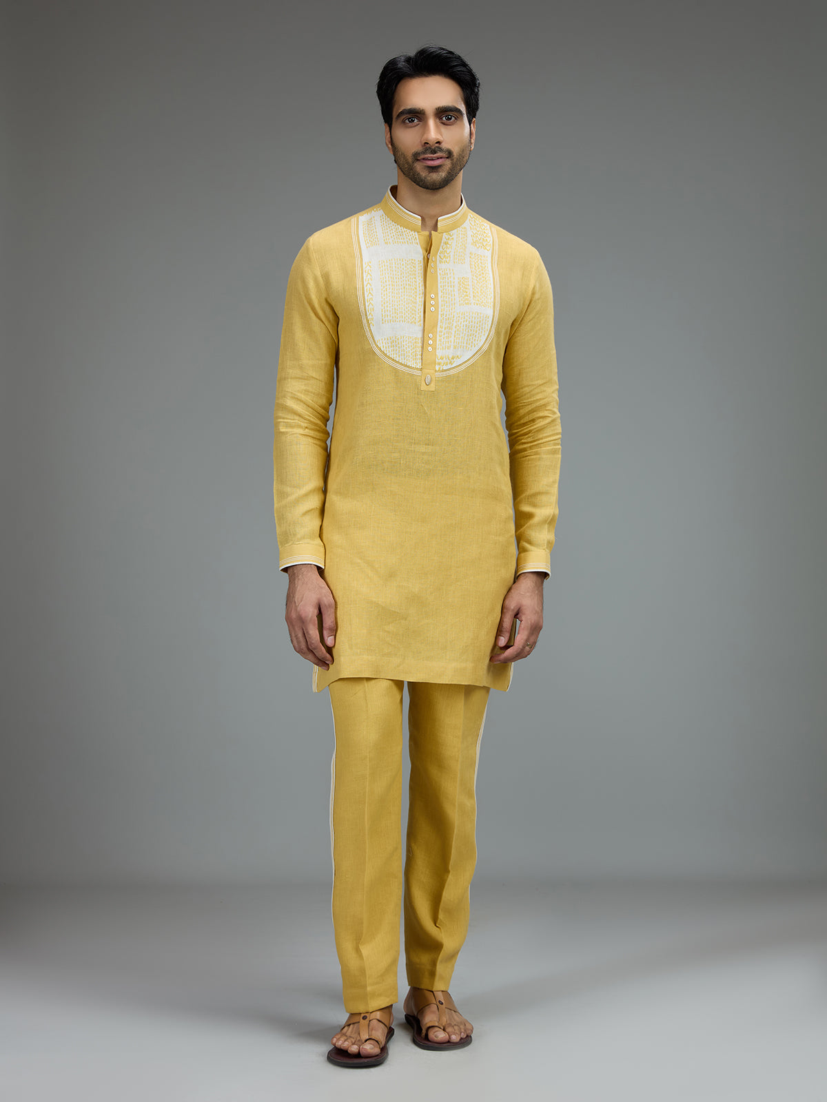 Yellow festive mens kurta pajama in cotton linen