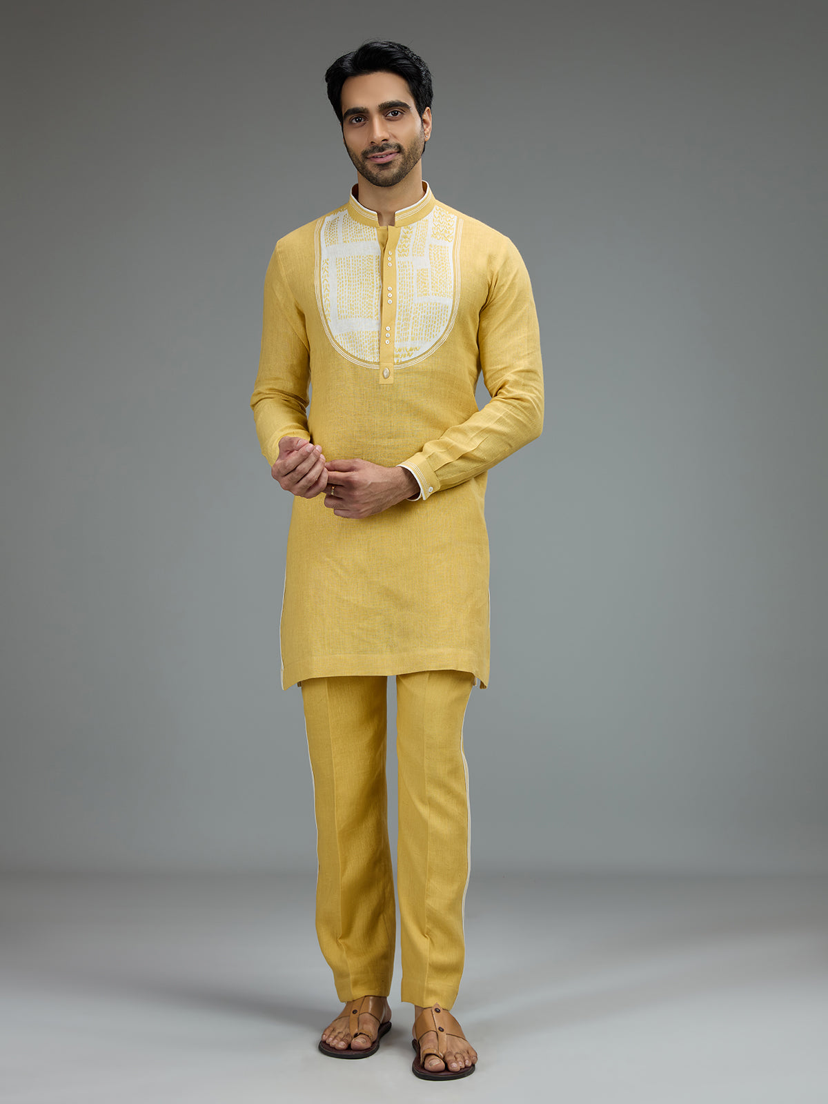 Yellow festive mens kurta pajama in cotton linen