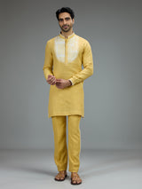 Yellow festive mens kurta pajama in cotton linen