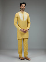 Yellow festive mens kurta pajama in cotton linen