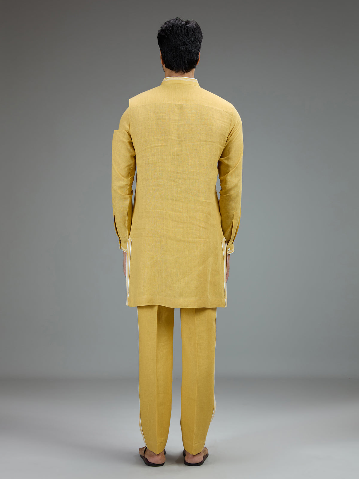 Yellow festive mens kurta pajama in cotton linen