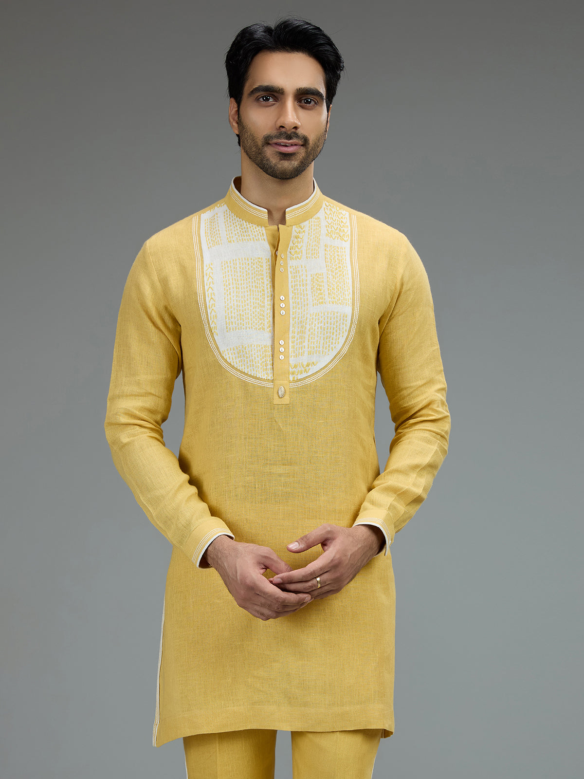 Yellow festive mens kurta pajama in cotton linen