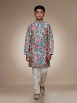 Pastel white boys silk blend kurta suit with floral embellishments