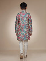 Pastel white boys silk blend kurta suit with floral embellishments