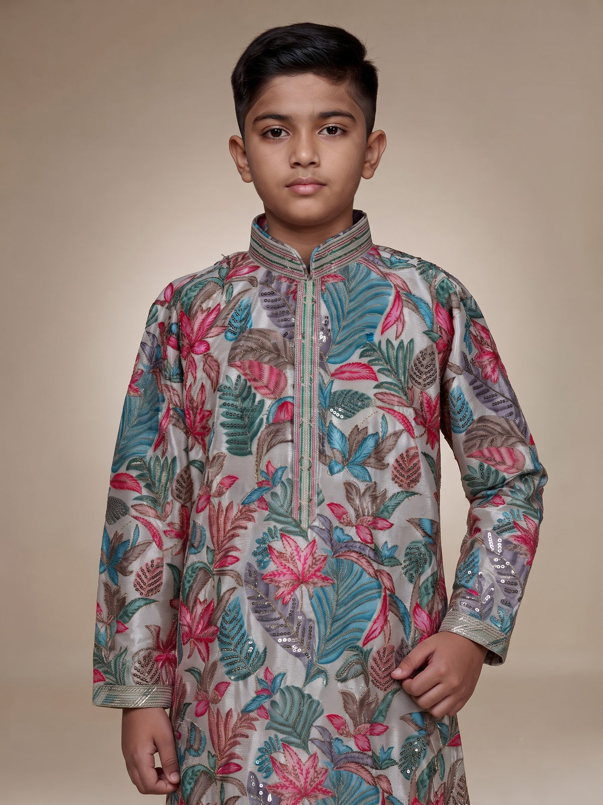 Pastel white boys silk blend kurta suit with floral embellishments