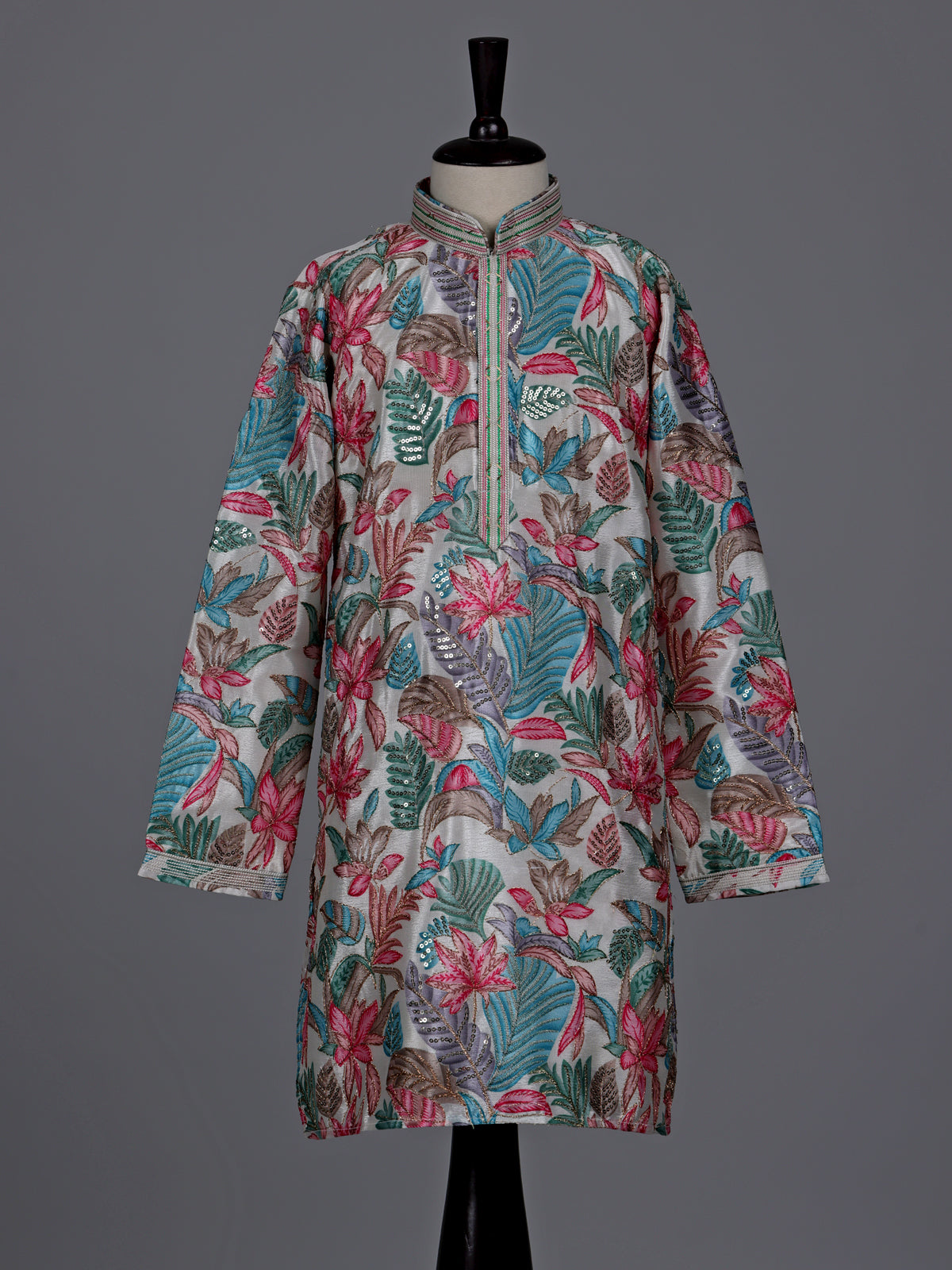 Pastel white boys silk blend kurta suit with floral embellishments