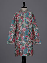 Pastel white boys silk blend kurta suit with floral embellishments