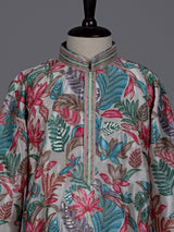 Pastel white boys silk blend kurta suit with floral embellishments