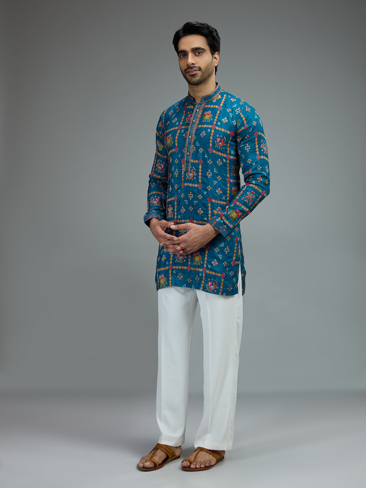 Blue heritage mens kurta pajama with resham motifs