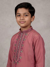 Onion pink boys silk blend kurta suit with floral dupatta