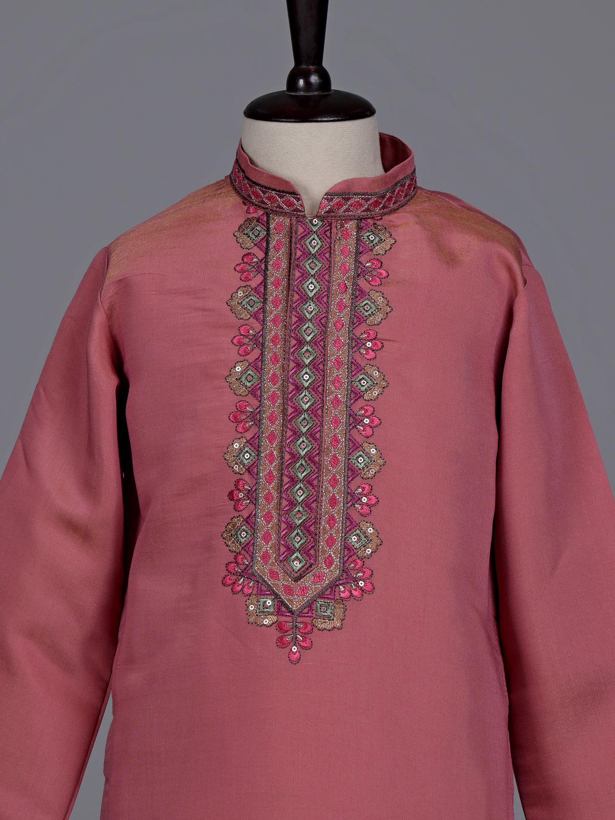 Onion pink boys silk blend kurta suit with floral dupatta