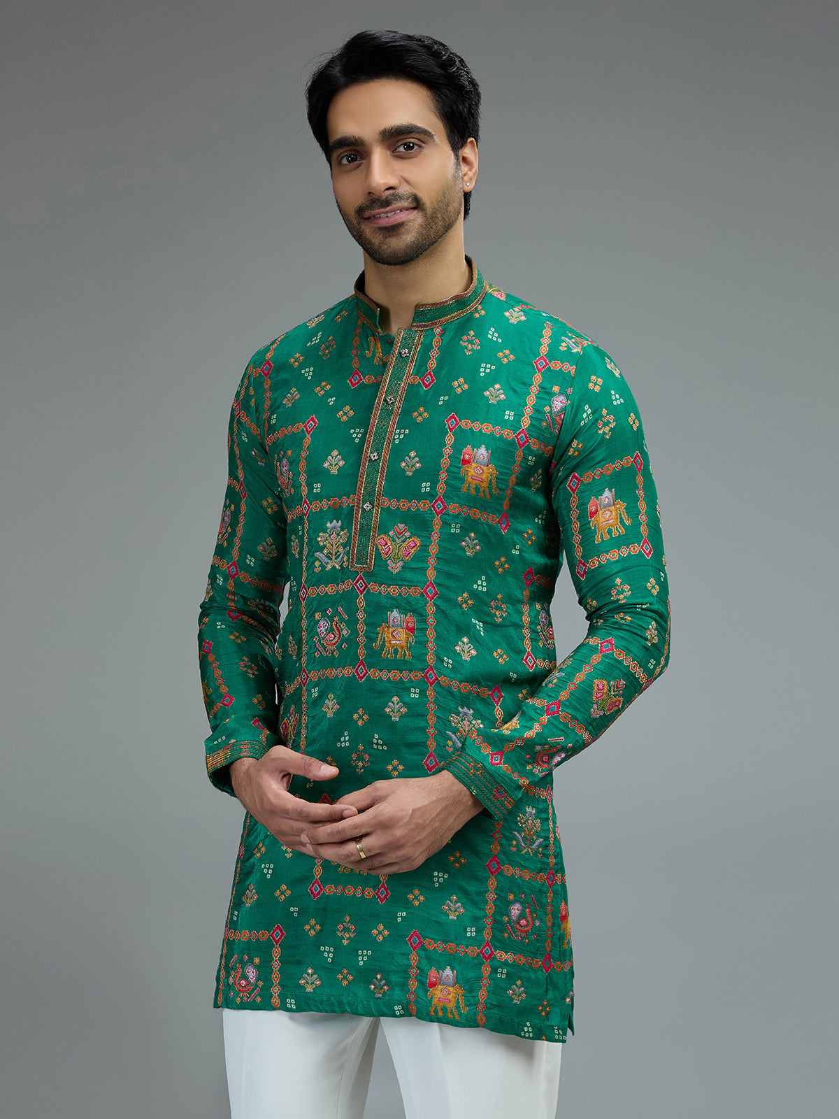 Green vibrant mens kurta pajama in silk blend