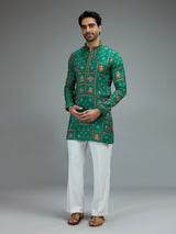 Green vibrant mens kurta pajama in silk blend