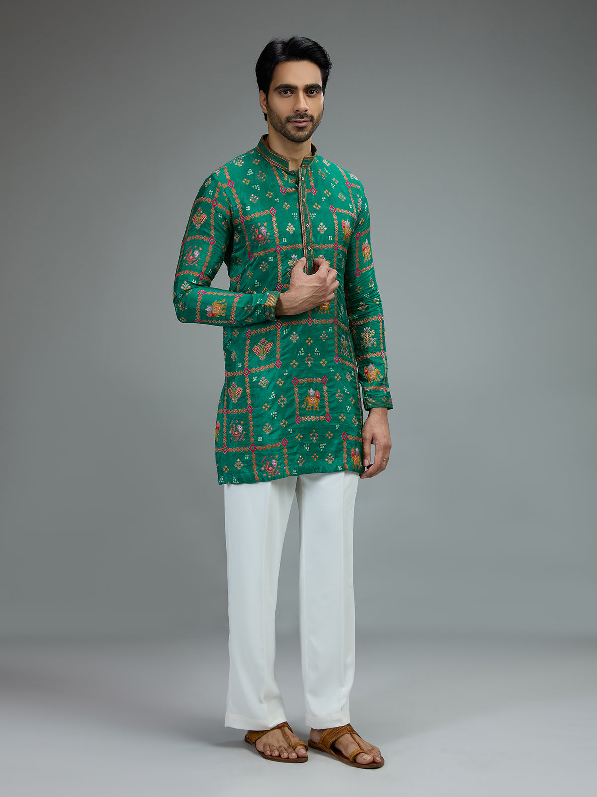 Green vibrant mens kurta pajama in silk blend