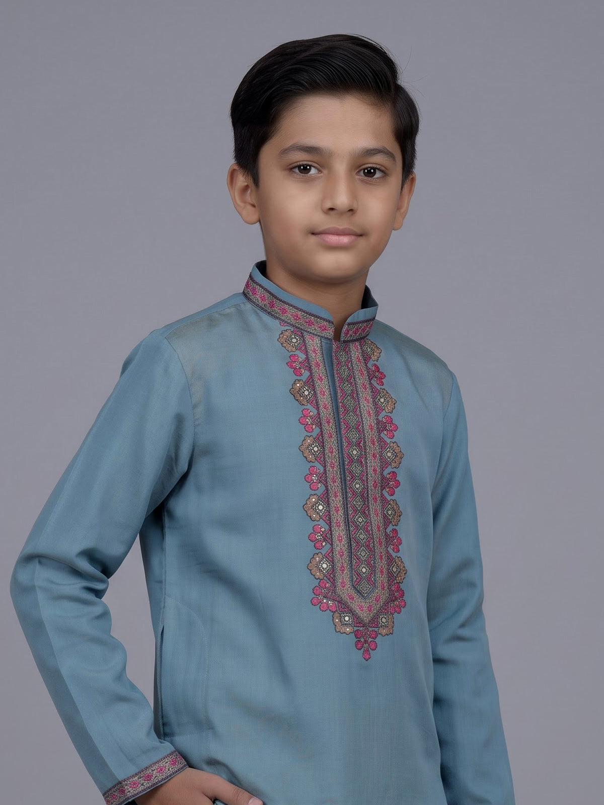 Sky blue boys silk blend kurta suit with floral dupatta
