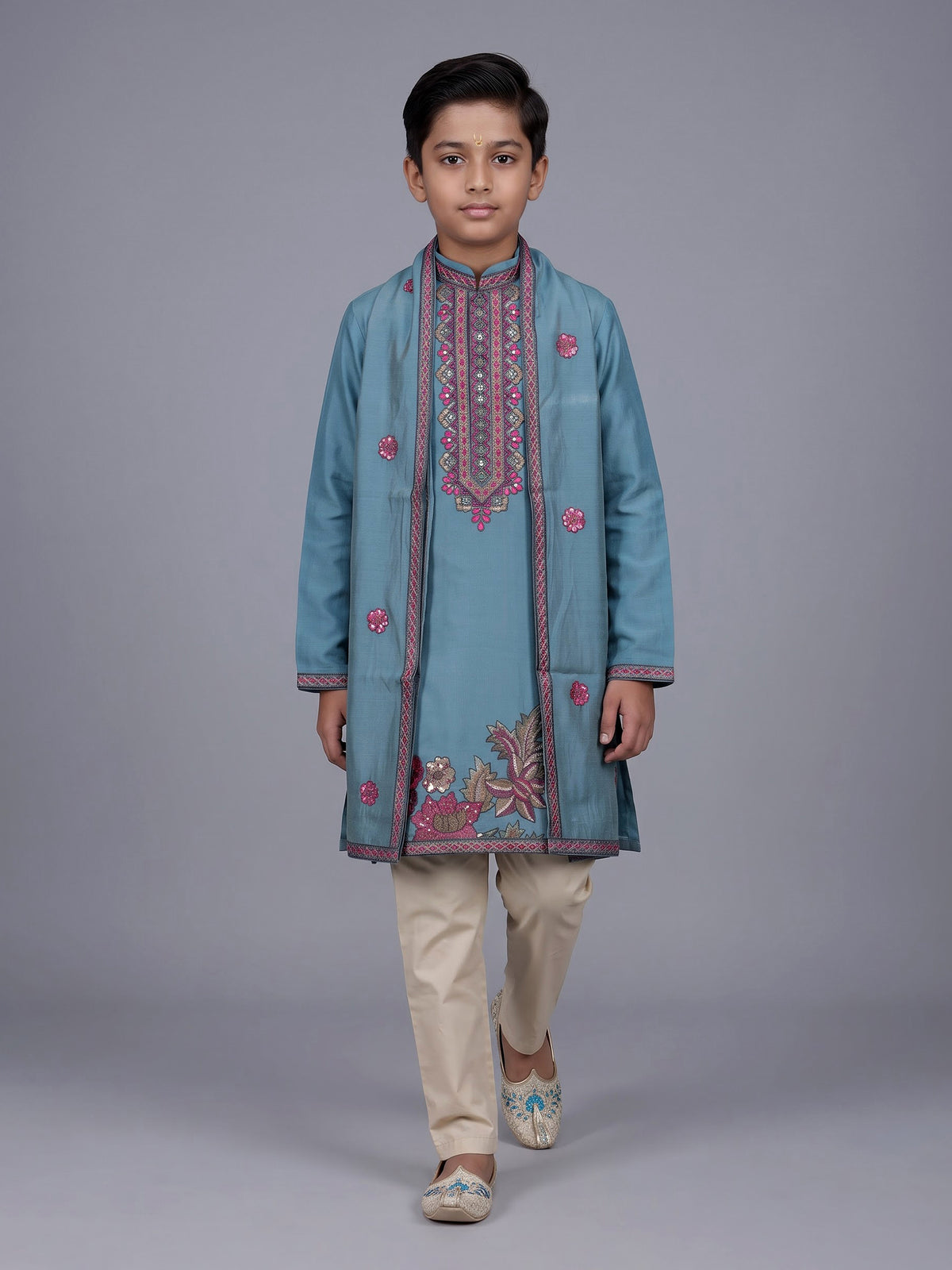 Sky blue boys silk blend kurta suit with floral dupatta