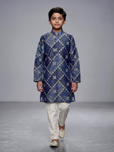 Pastel blue boys silk kurta suit with refined thread work