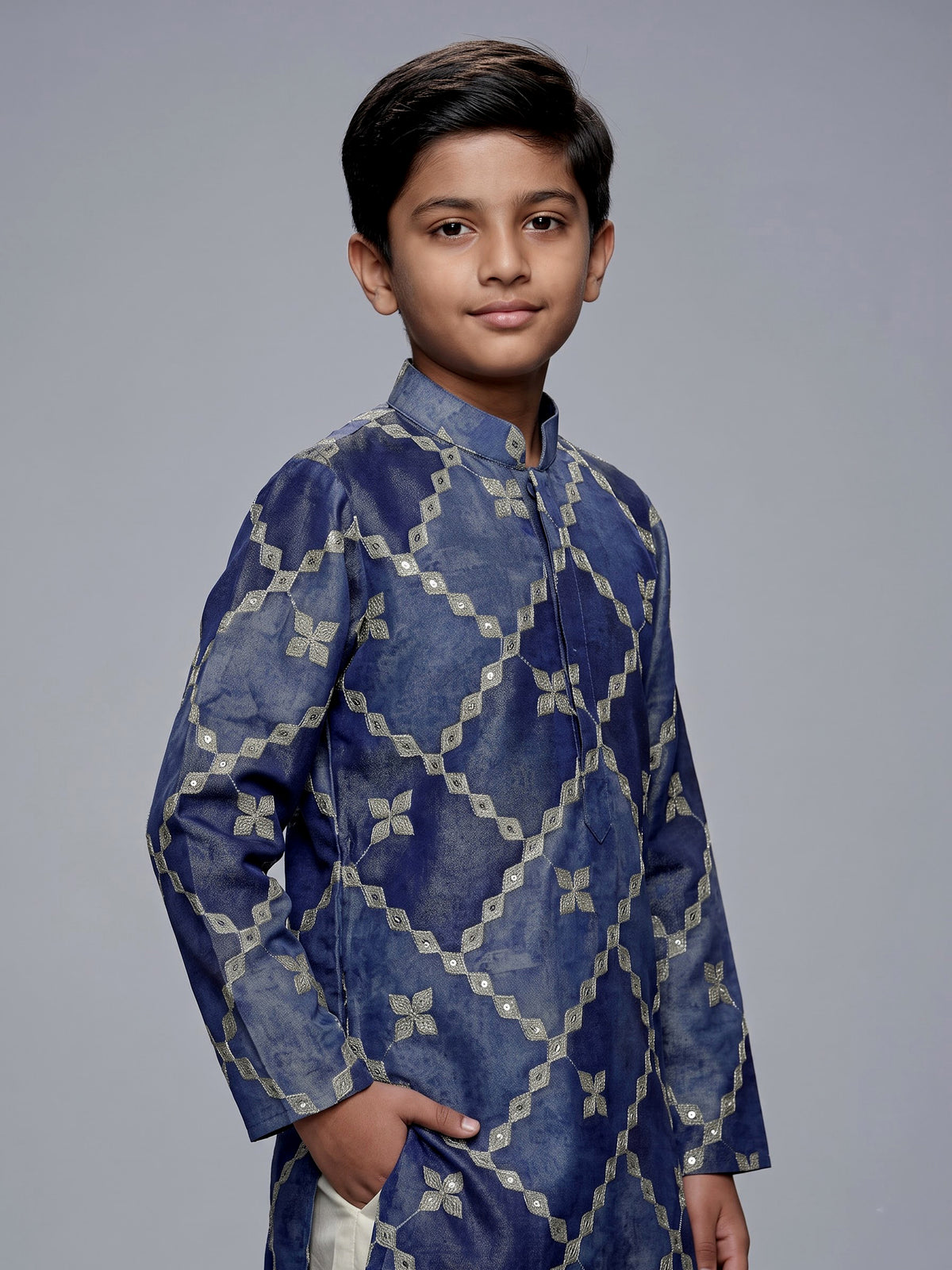 Pastel blue boys silk kurta suit with refined thread work