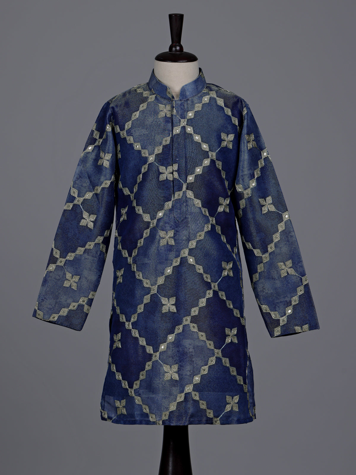 Pastel blue boys silk kurta suit with refined thread work