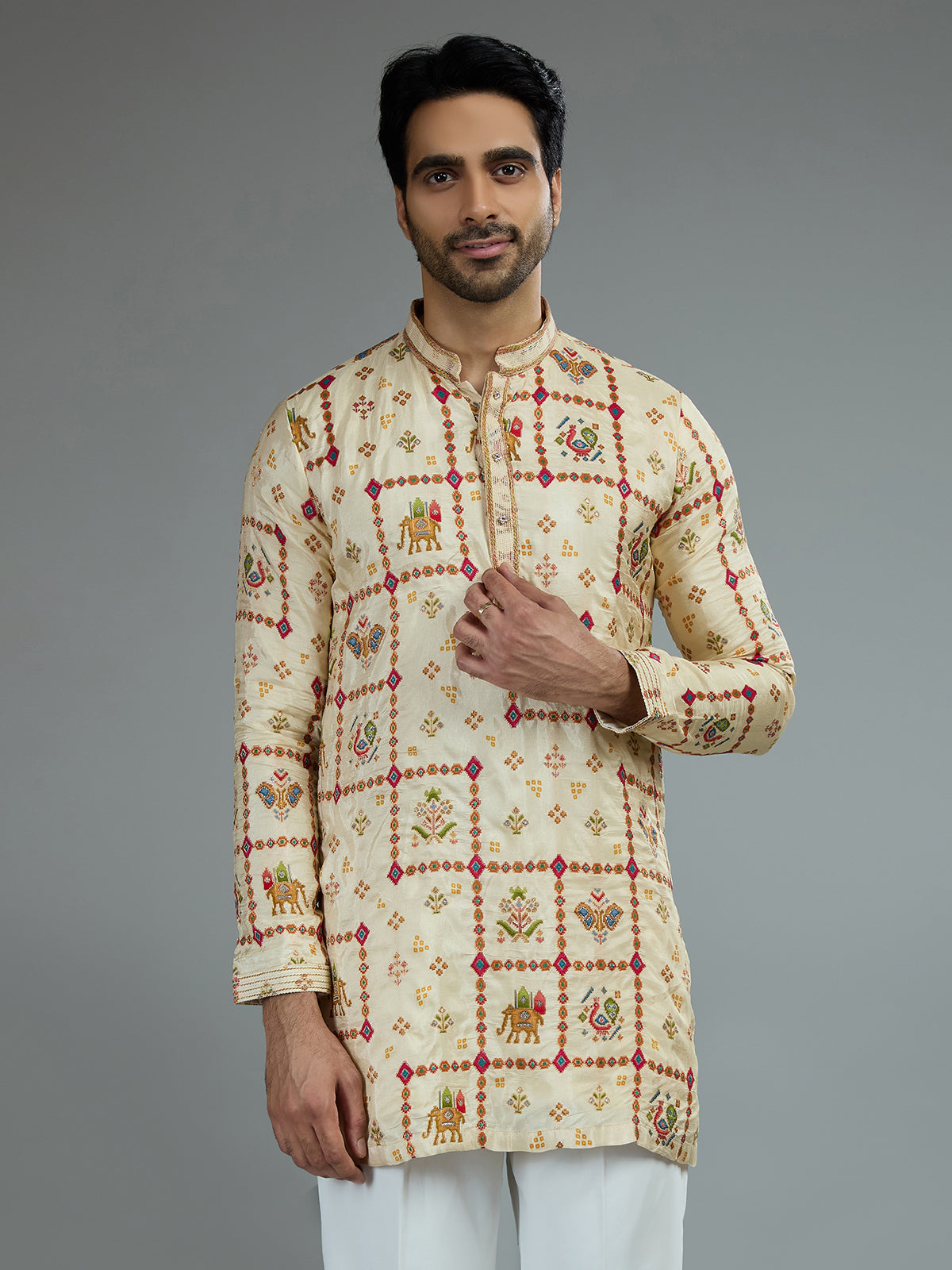 Cream traditional mens kurta pajama with royal prints