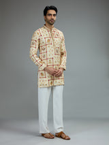 Cream traditional mens kurta pajama with royal prints