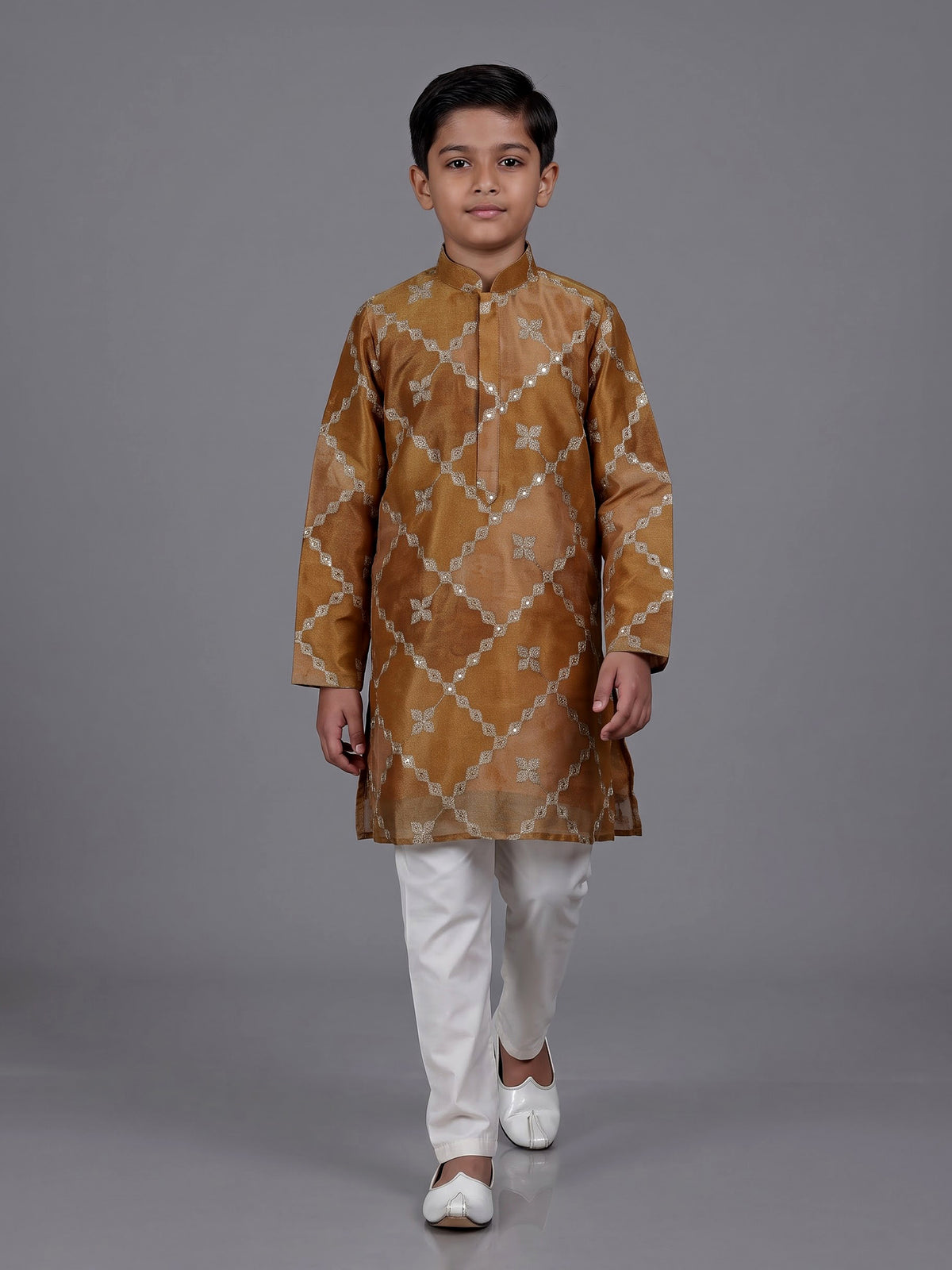 Pastel beige boys silk kurta suit with elegant thread work