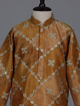 Pastel beige boys silk kurta suit with elegant thread work