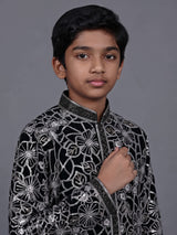 Black boys georgette kurta suit with floral thread and sequins work
