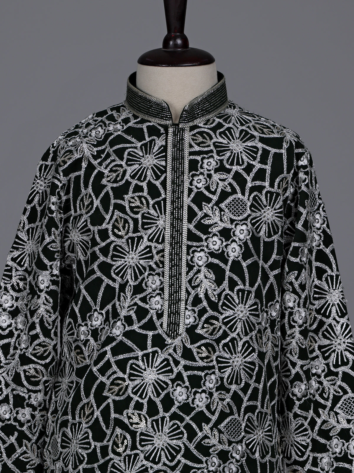Black boys georgette kurta suit with floral thread and sequins work