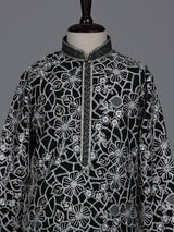 Black boys georgette kurta suit with floral thread and sequins work