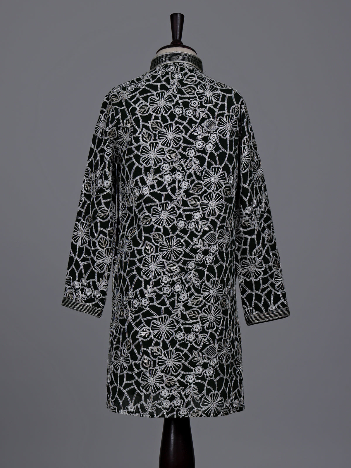 Black boys georgette kurta suit with floral thread and sequins work