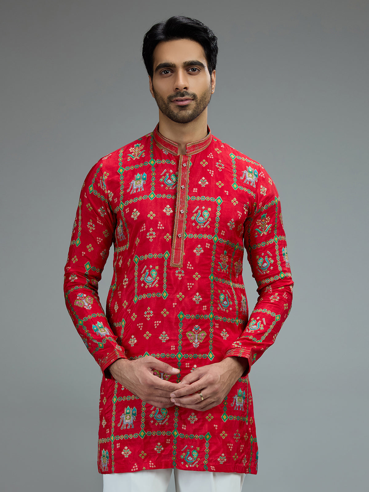 Red striking mens kurta pajama with resham embroidery