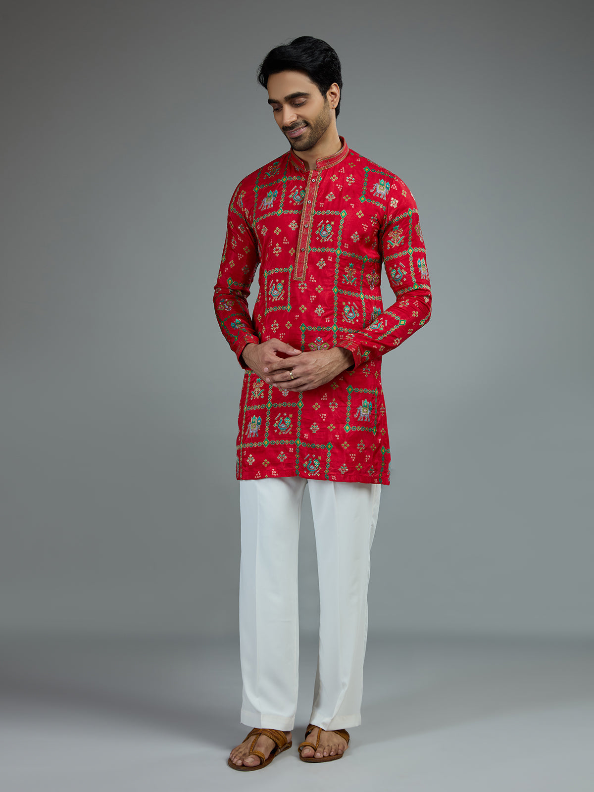 Red striking mens kurta pajama with resham embroidery
