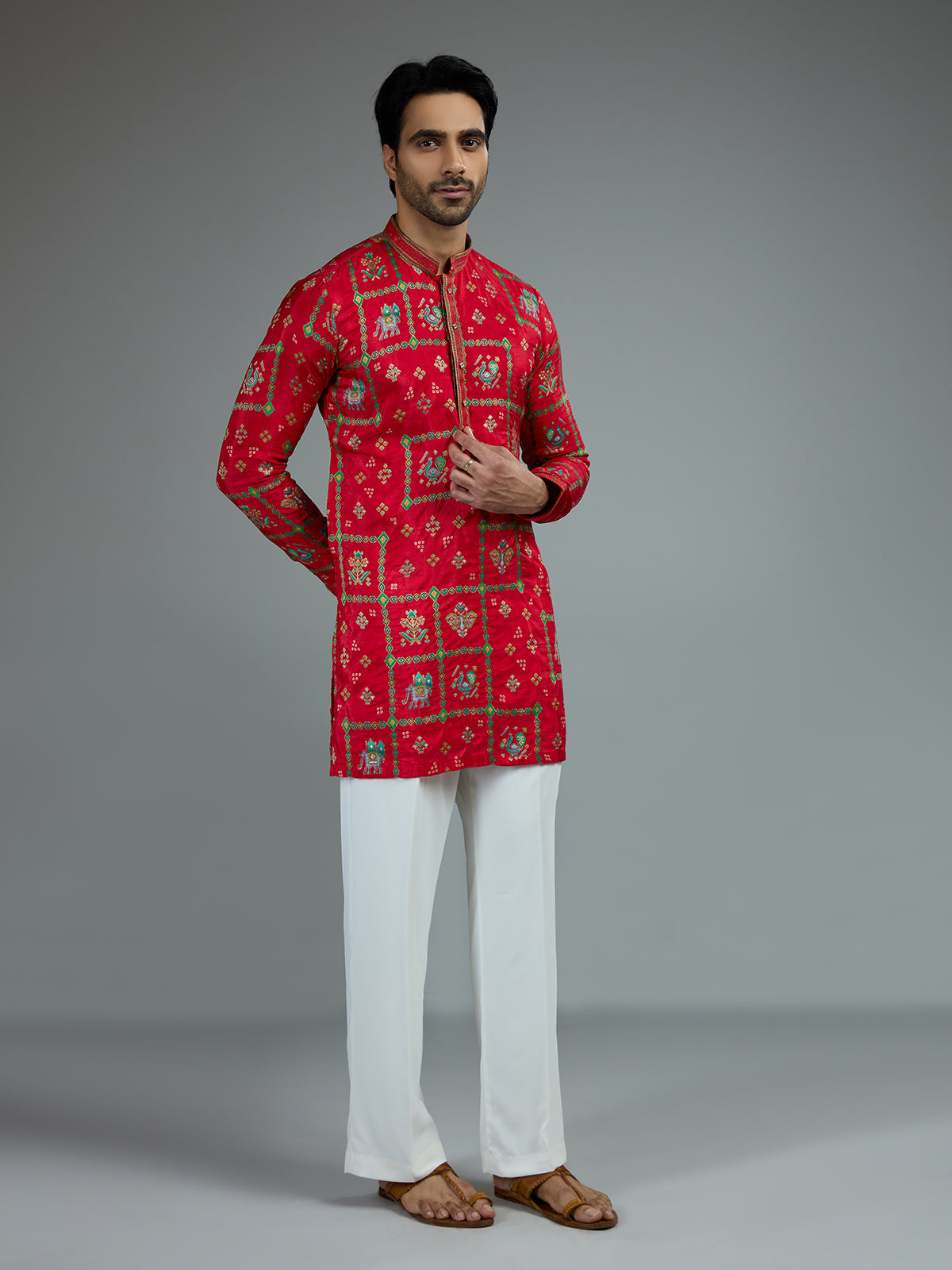 Red striking mens kurta pajama with resham embroidery