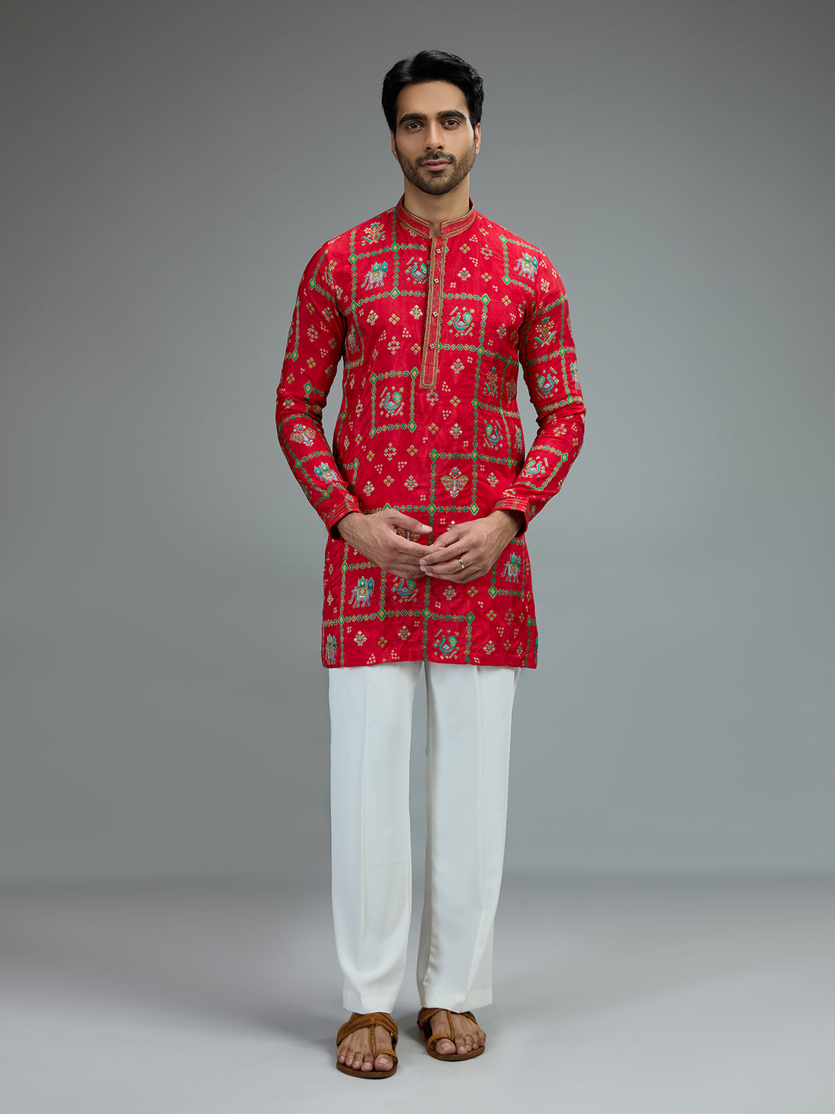Red striking mens kurta pajama with resham embroidery