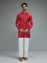 Red striking mens kurta pajama with resham embroidery