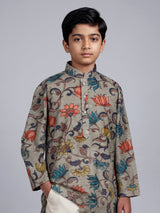 Sage green boys linen silk kurta suit with floral print