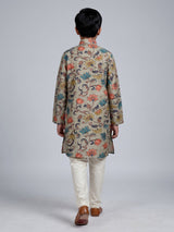 Sage green boys linen silk kurta suit with floral print