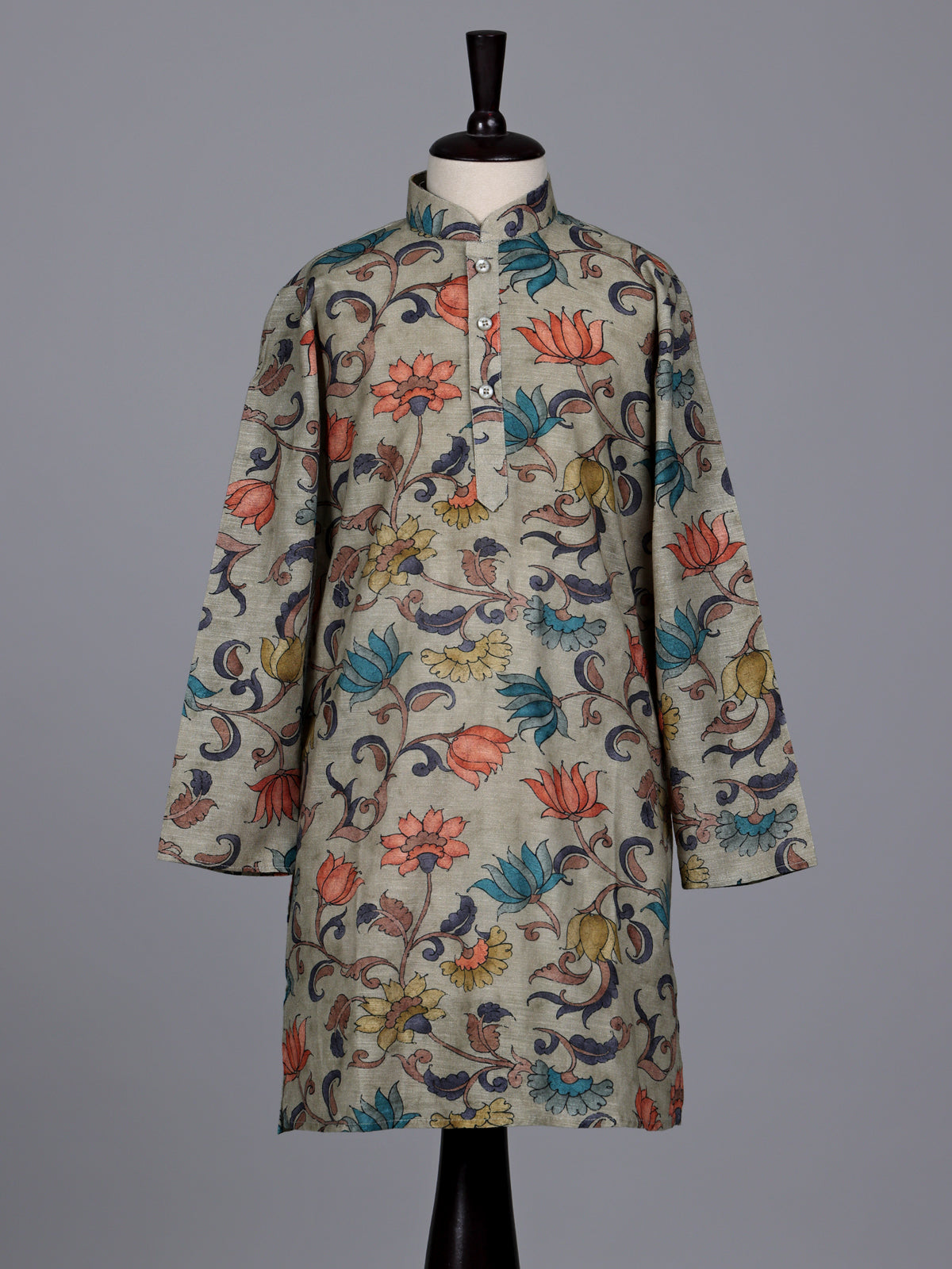 Sage green boys linen silk kurta suit with floral print