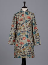 Sage green boys linen silk kurta suit with floral print
