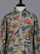 Sage green boys linen silk kurta suit with floral print