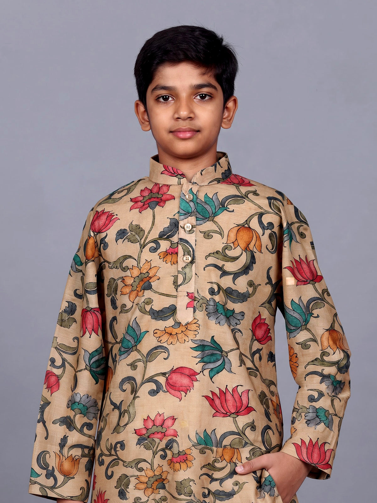 Beige boys linen silk kurta suit with digital floral print