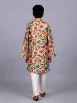 Beige boys linen silk kurta suit with digital floral print