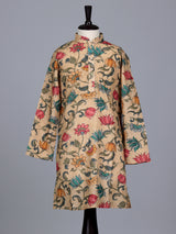 Beige boys linen silk kurta suit with digital floral print