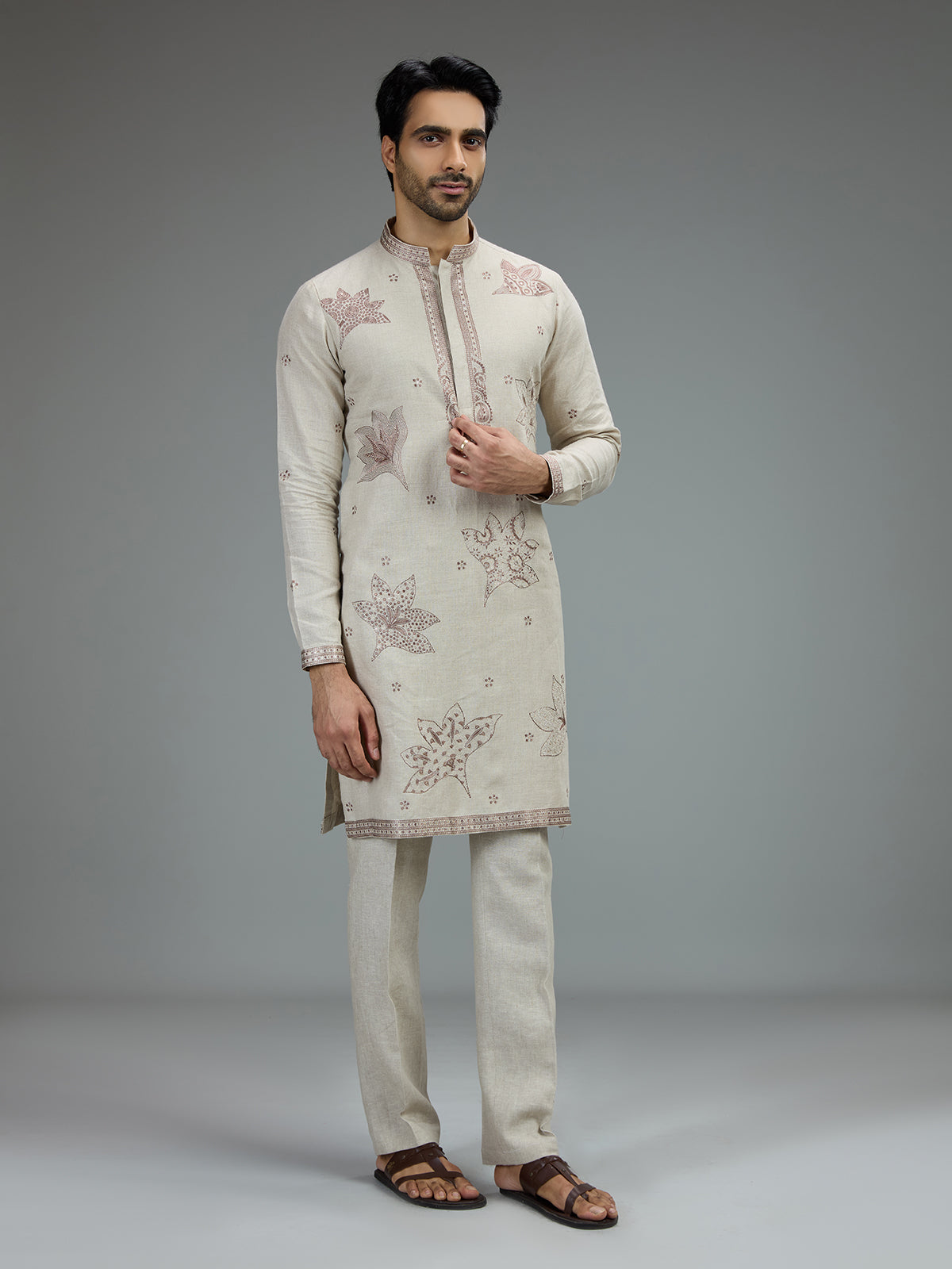 Cream elegant mens kurta pajama with motifs