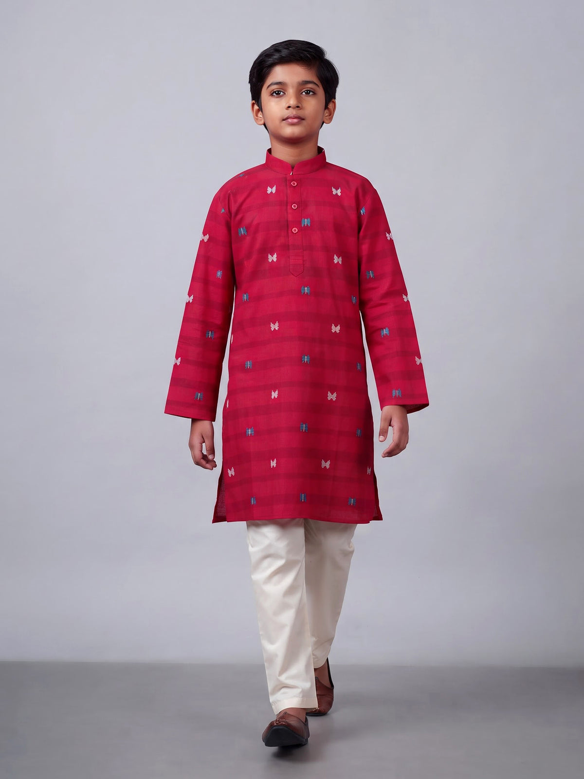Hot pink boys cotton blend kurta suit with stripe pattern