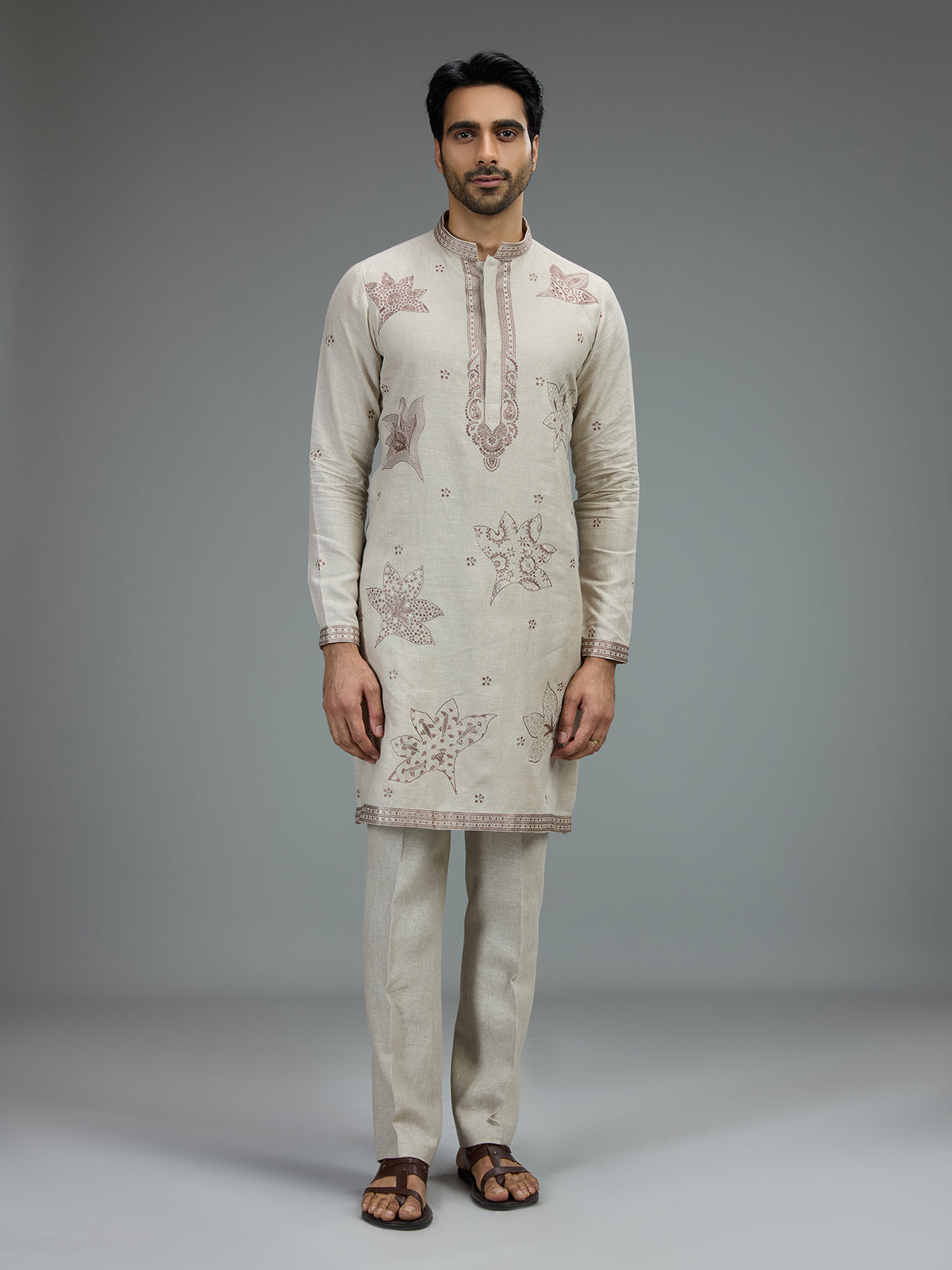 Cream elegant mens kurta pajama with motifs