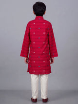 Hot pink boys cotton blend kurta suit with stripe pattern