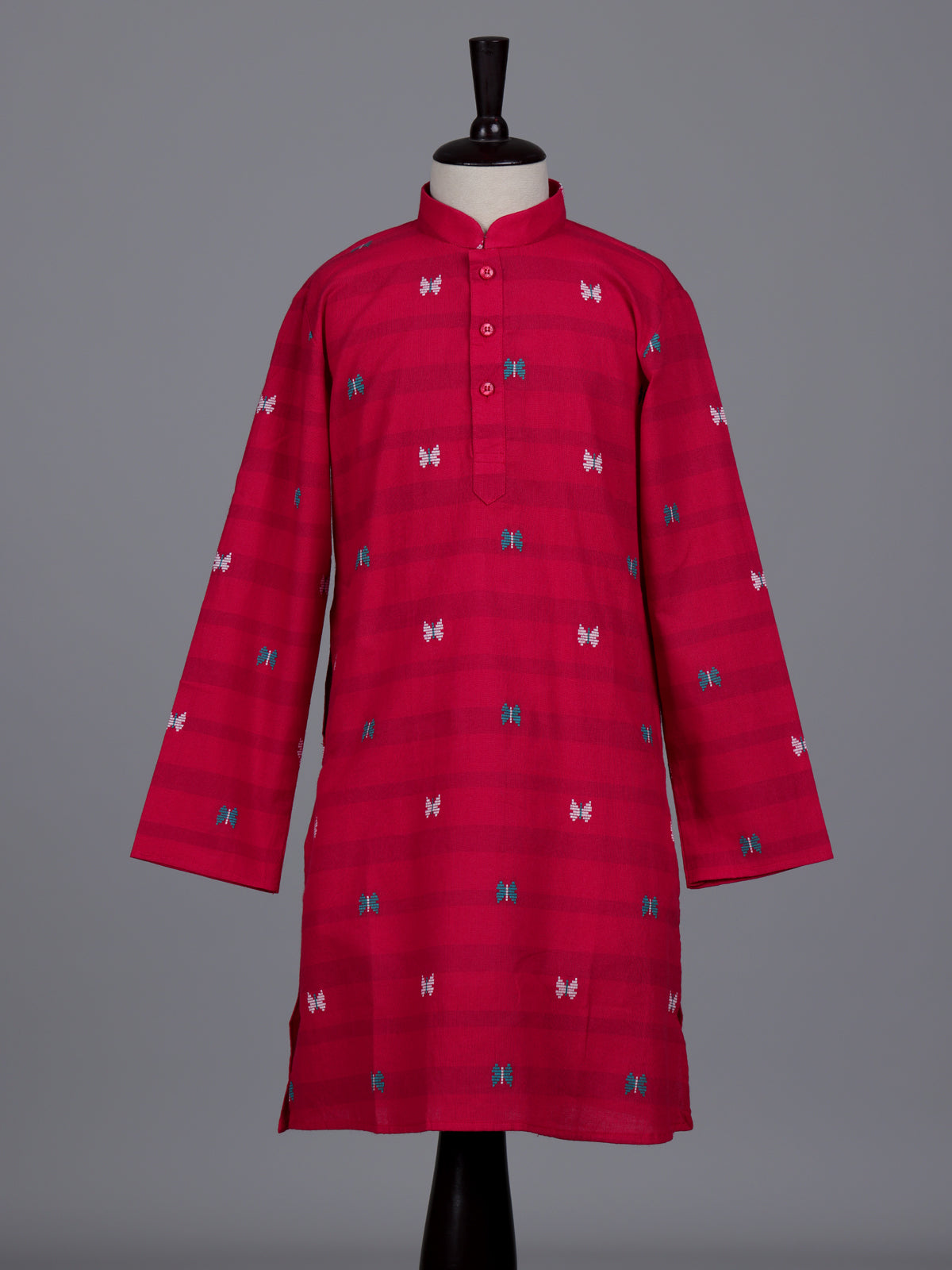 Hot pink boys cotton blend kurta suit with stripe pattern